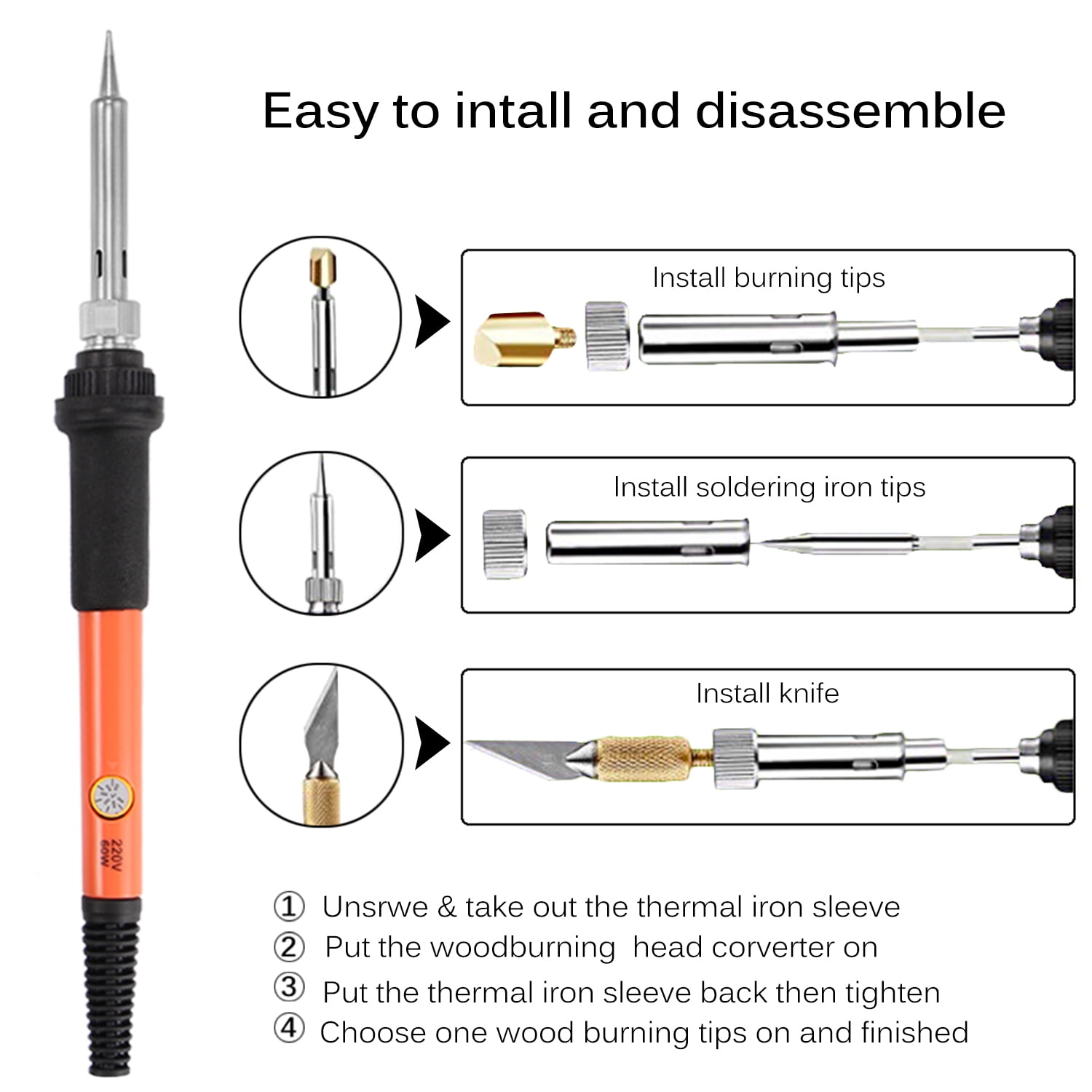 220V 60w Adjustable Soldering Iron Head Converter For Wood Burning Pen Tool 
