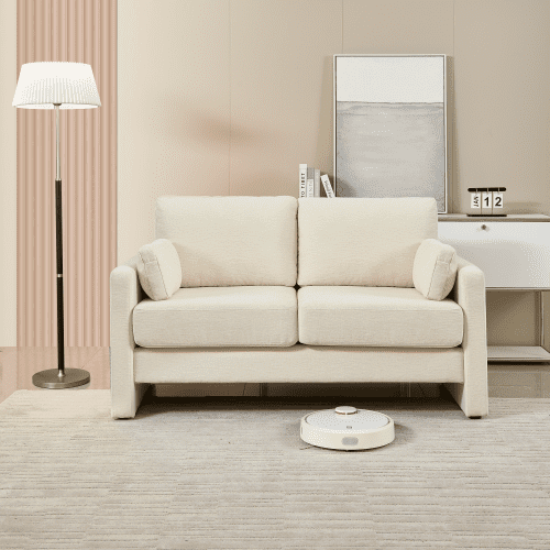 BSHTI 58.66" Small Modern Loveseat Sofa, Mid Century Chenille Fabric 2-Seat Couch Love Seat with Back Cushions, for Living Room, Bedroom and Small Space,Beige
