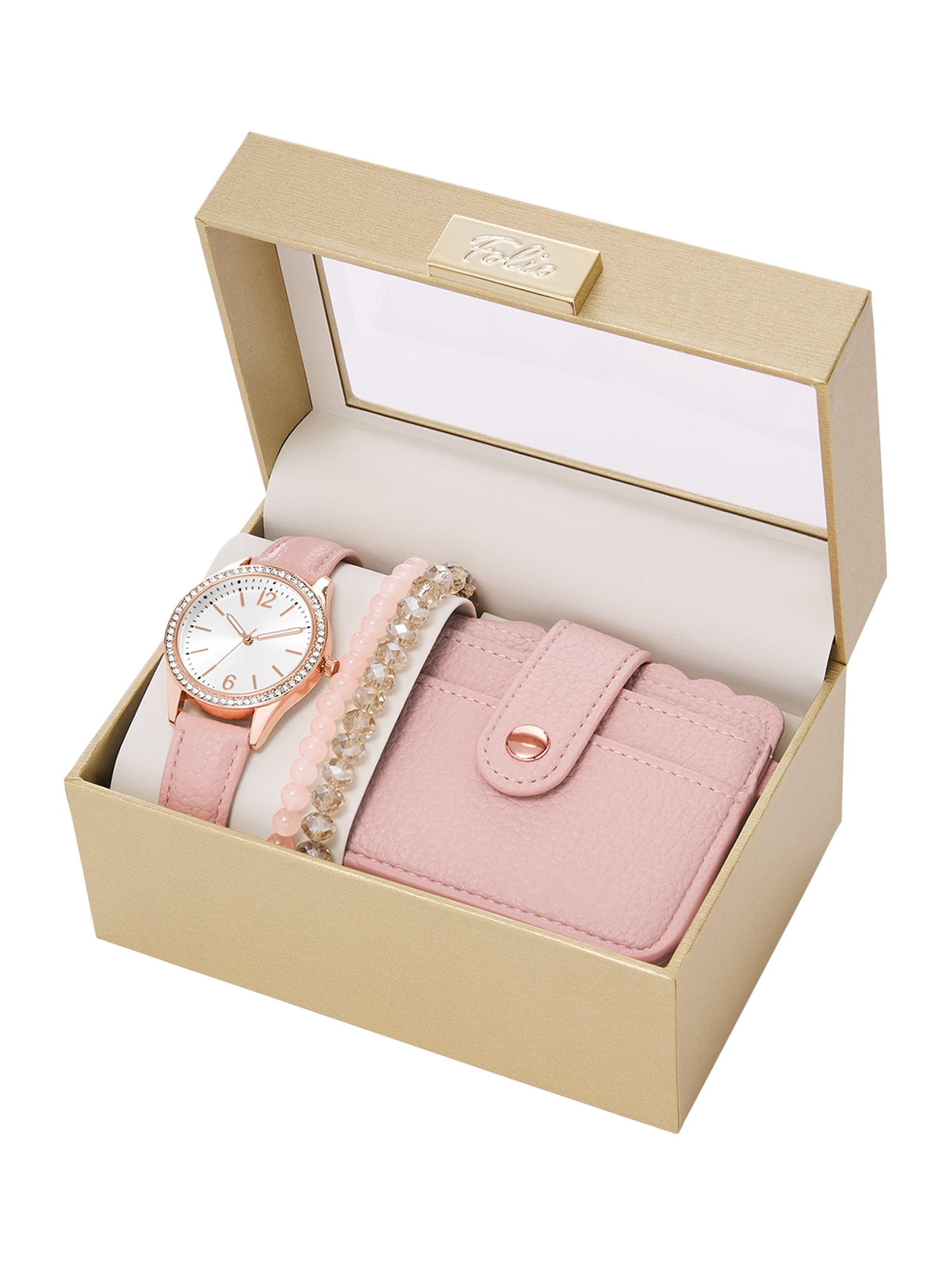 Folio Women's Gift Set; Rose Gold Watch with Blush Vegan Leather Strap, Layered Beaded Stretch Bracelets and Blush Card Case (FMDAL1166)