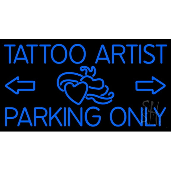 Tattoo Artist Parking Only LED Neon Sign 13" Tall x 24" Wide - inches Black Square Cut Acrylic Backing, with Dimmer - Premium built indoor Sign for Storefront, Store interior, Workshop, Studio.