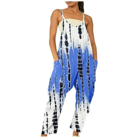 

Dyegold Jumpsuits for Women Casual Summer Jumpsuits for Women Loose Casual Bohemian Wide Leg Bib Overalls Floral Print V-Neck Sleeveless Romper Trouser