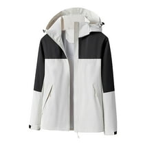 Womens Waterproof Raincoat Lightweight Color Block Jackets Windproof Hooded Jacket with Pockets