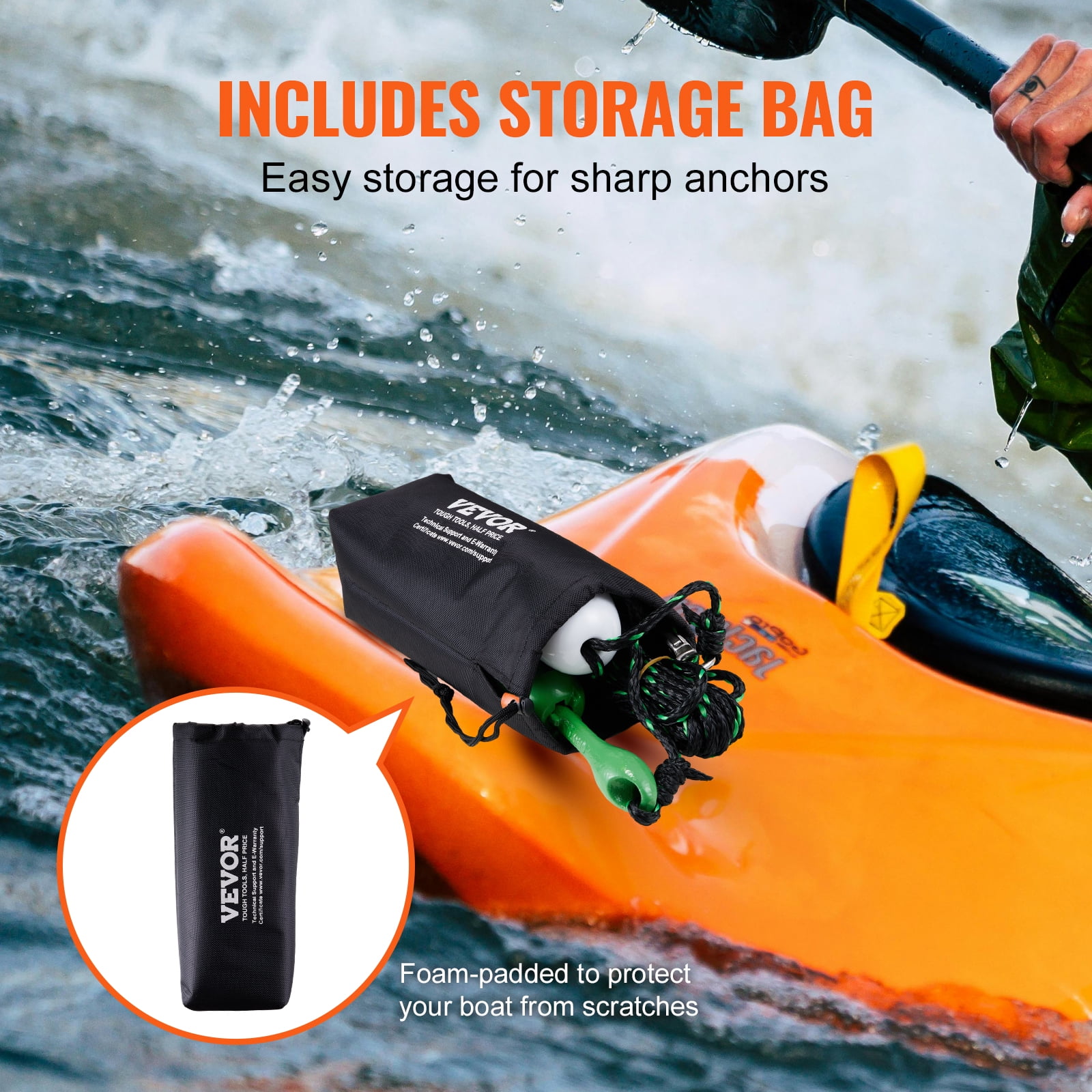VEVOR Kayak Anchor Kit, 3.5 lb. Paddle Board Anchor Kit with 26.2 ft./8 m Rope and Buoy, Folding Small Boat Anchor with Storage Bag and Snap Hook, Kayak Accessories
