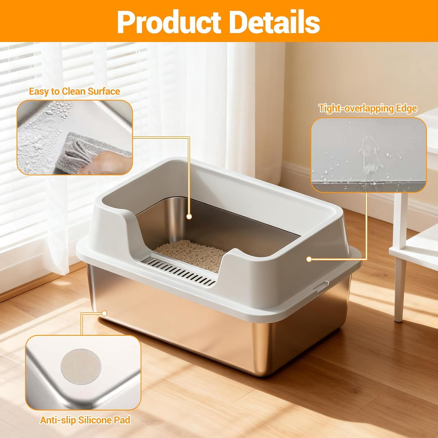 Gaderth Stainless Steel Litter Box, Enclosed Metal Litter Pan Tray with Lid for Big Cats and Multi-Cats, High Wall Sides Enclosure, Anti-Urine Leakage Non-Stick Bottom Include Scoop Easy to Clean