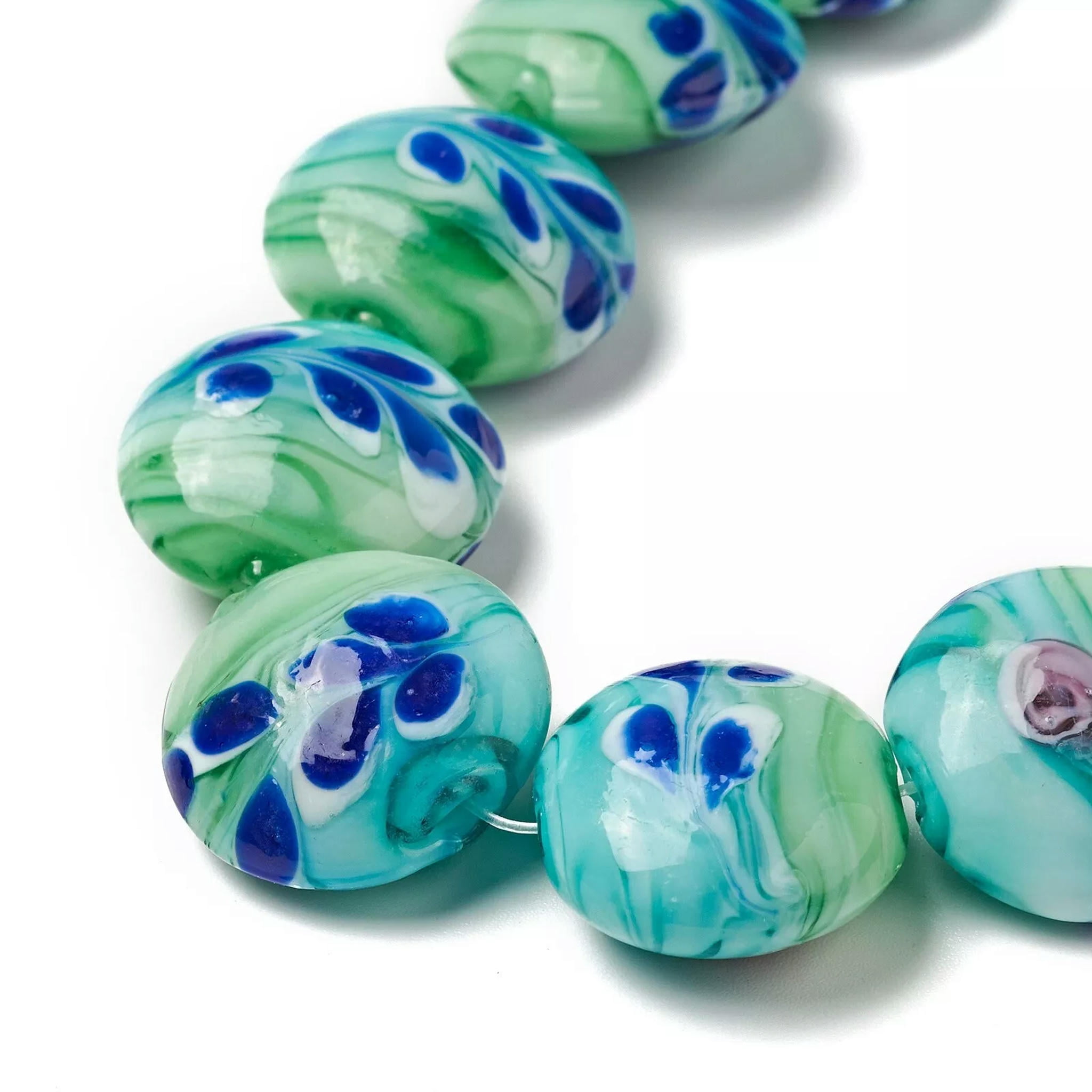 EOEMY 1Strand Handmade Lampwork Flat Round With Flower Medium Turquoise Beads 20X10mm