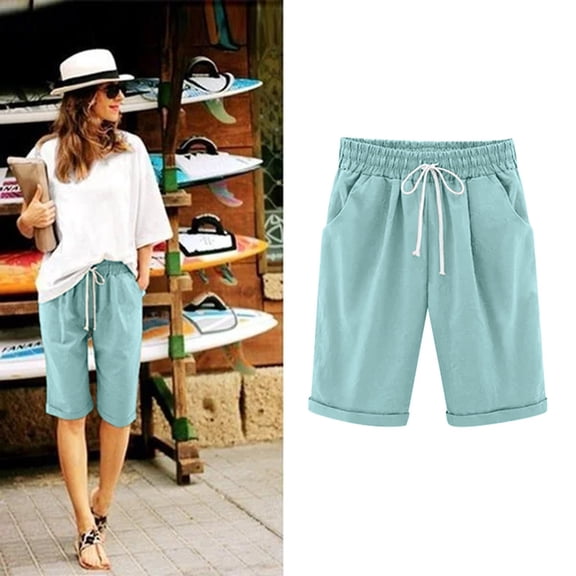 LINGLANG Women's Plus Size Bermuda Shorts Casual Thin Outwear Shorts with Pockets Elastic Waistband Loose Fit Mid-Length Walking Pants