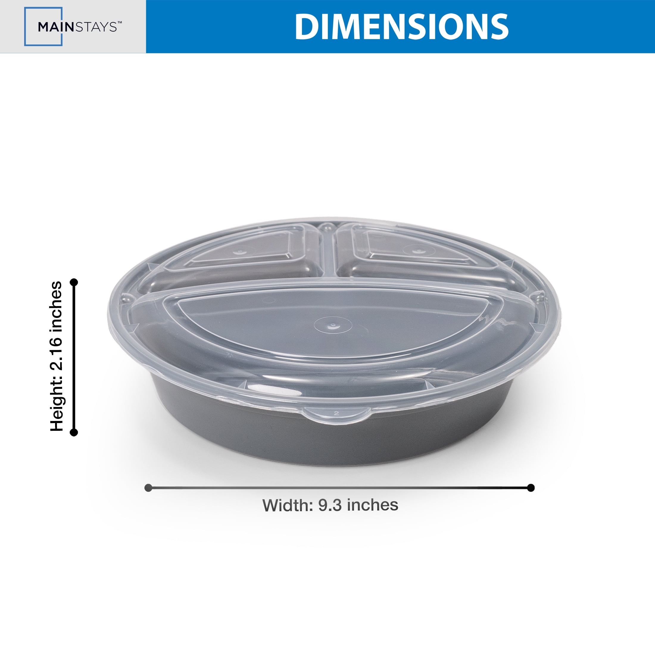 Mainstays 5-Pack 3-Compartment Round BPA-Free Plastic Meal Prep Food Storage Containers, 1 L, Soothing Grey