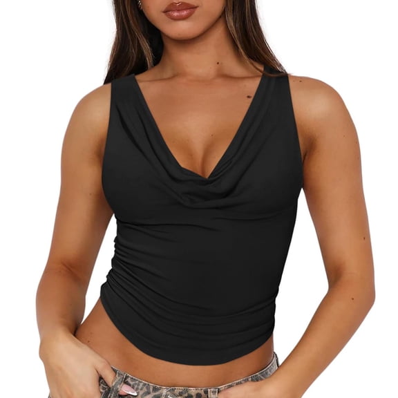 Babysbule Women's Sleeveless Cowl Neck Tank Top Ruched Side Slim Fit Casual Blouse for Summer Daily Wear Dating Party Vacation