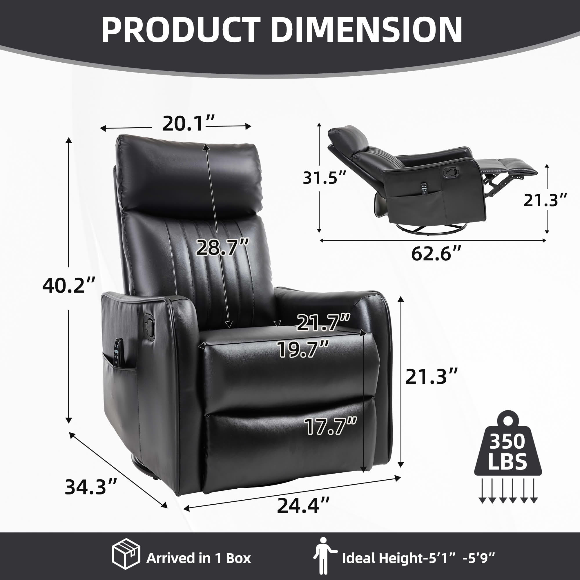 MAYEERTY Faux Leather Heat Massage Recliner Chair, 360° Swivel Rocker 26"x35"x39" for Living Room, White