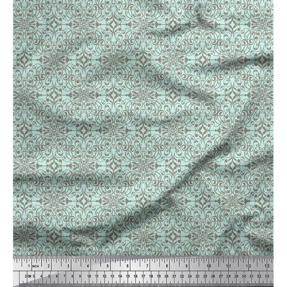 Soimoi Green Cotton Duck Fabric Filigree Damask Decor Fabric Printed Yard 56 Inch Wide