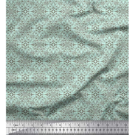 Soimoi Green Velvet Fabric Filigree Damask Printed Craft Fabric by the Yard 58 Inch Wide