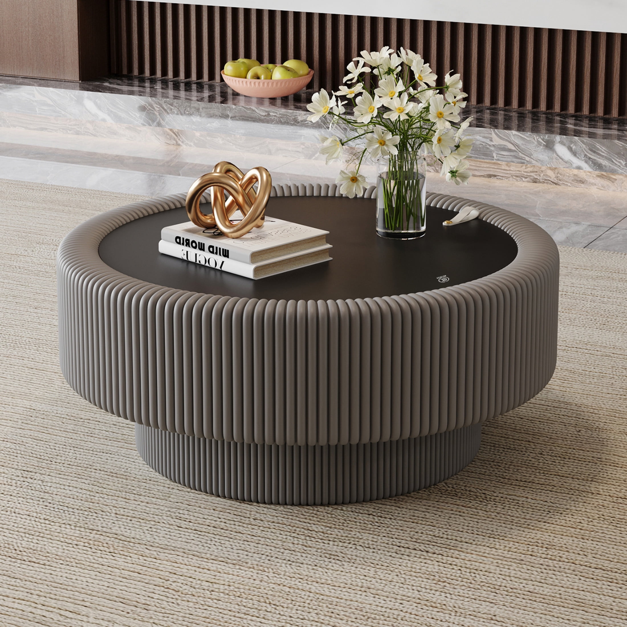 Noble House Morade 31.5" Fluted Round Storage Coffee Table with Glass Top & Leather Wrapped for Living Room, Gray