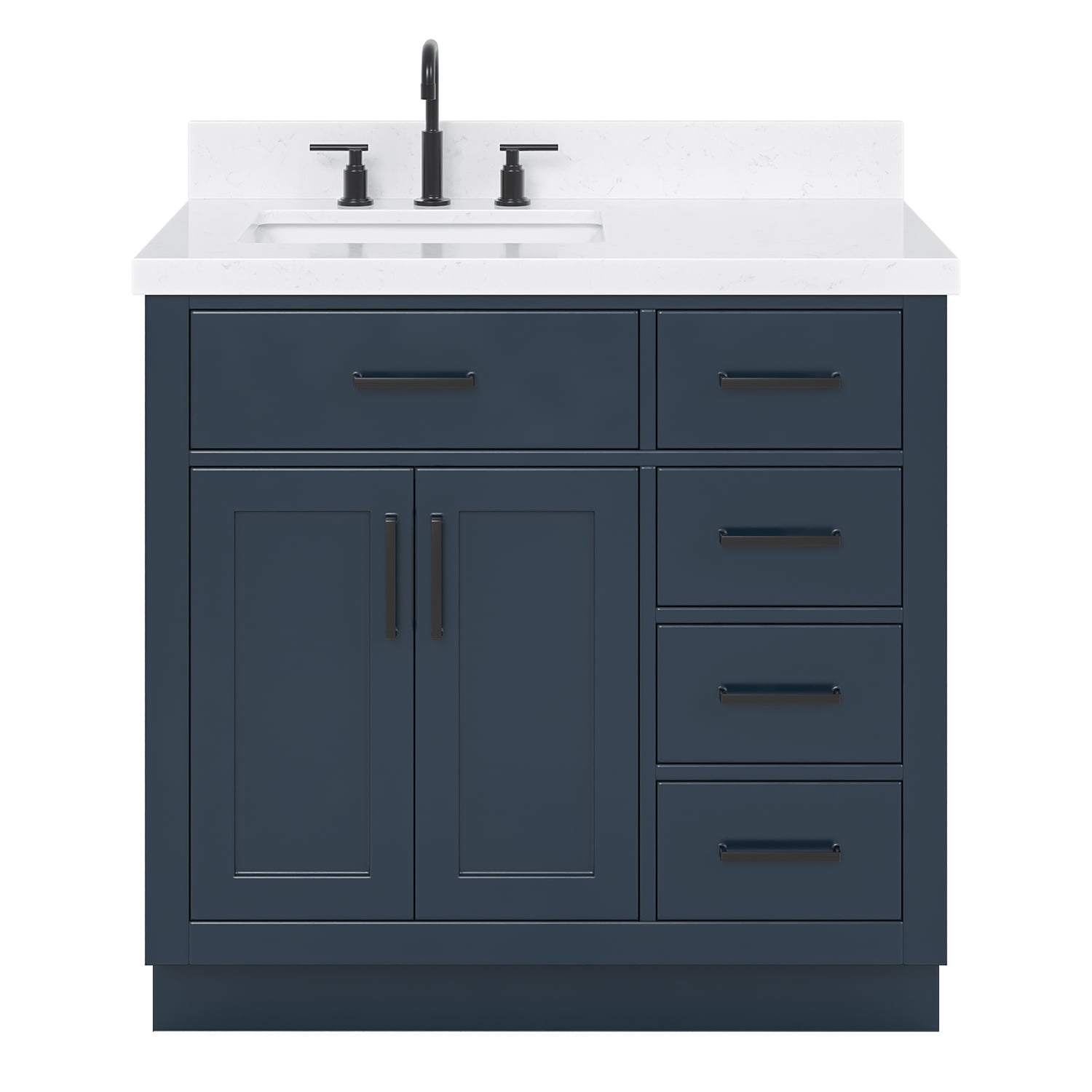 DKB Isabella 36 Midnight Blue Bathroom Vanity with Sink 1.5 Carrara Quartz Countertop Rectangular Undermount Sink 2 Soft Closing Doors 5 Dovetail Drawers