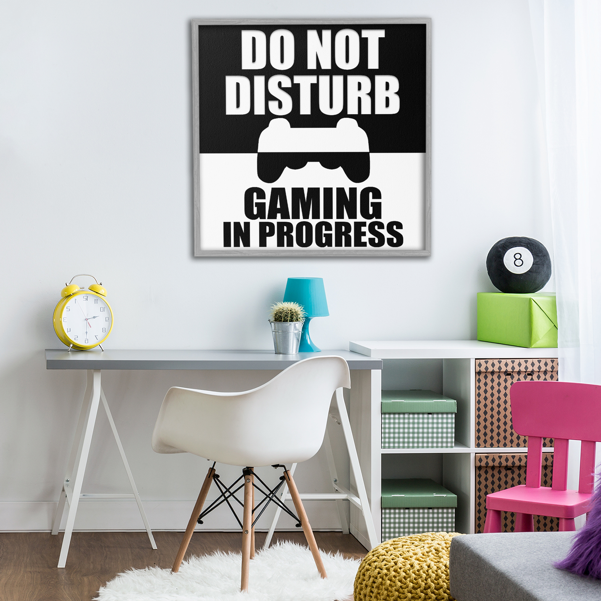 Do Not Disturb Minimal Gamer Gray Framed Giclee Art, design by Kim Allen