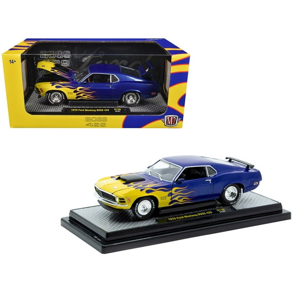 1970 Ford Mustang BOSS 429 Blue Metallic with Flame Graphics Limited Edition 1/24 Die Cast Model Cars by M2 Machines