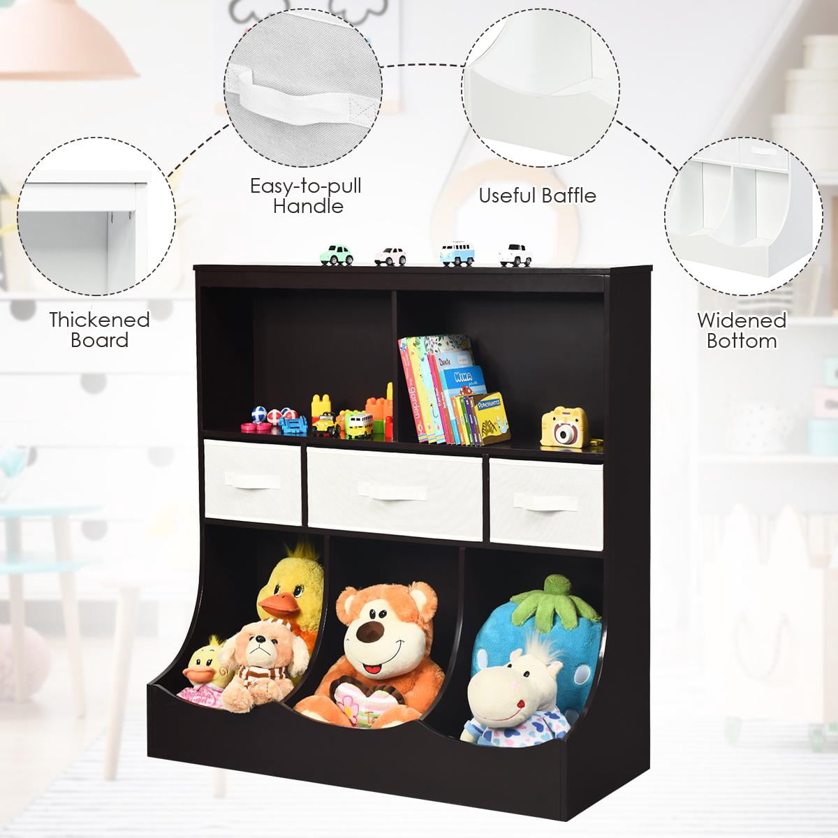 Giantex 3-Tier Kids Bookcase Toddler Storage Organizer Cabinet Shelf w/8 Compartment Box &  Removable Drawers for Children, Espresso