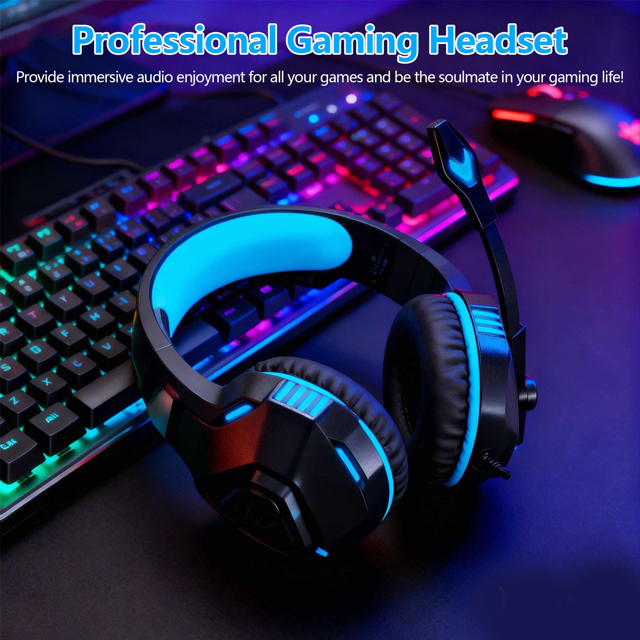 Wired Gaming Headset for PS5 PS4 PC Xbox One with Noise Cancelling Microphone, Over Ear Gaming Headphones Support Nintendo Xbox Series X|S - V3 Blue Black