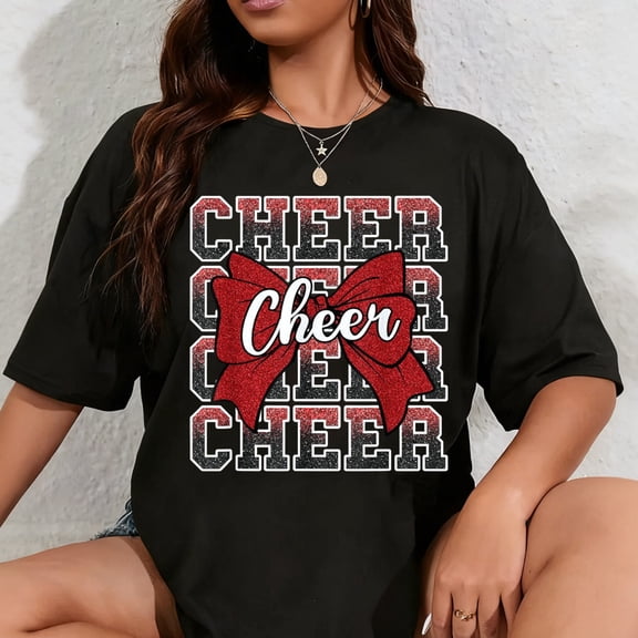 100% Cotton Coquette Cheer Bow Funny Sport Cheerleader Cheerleading Red T-Shirt