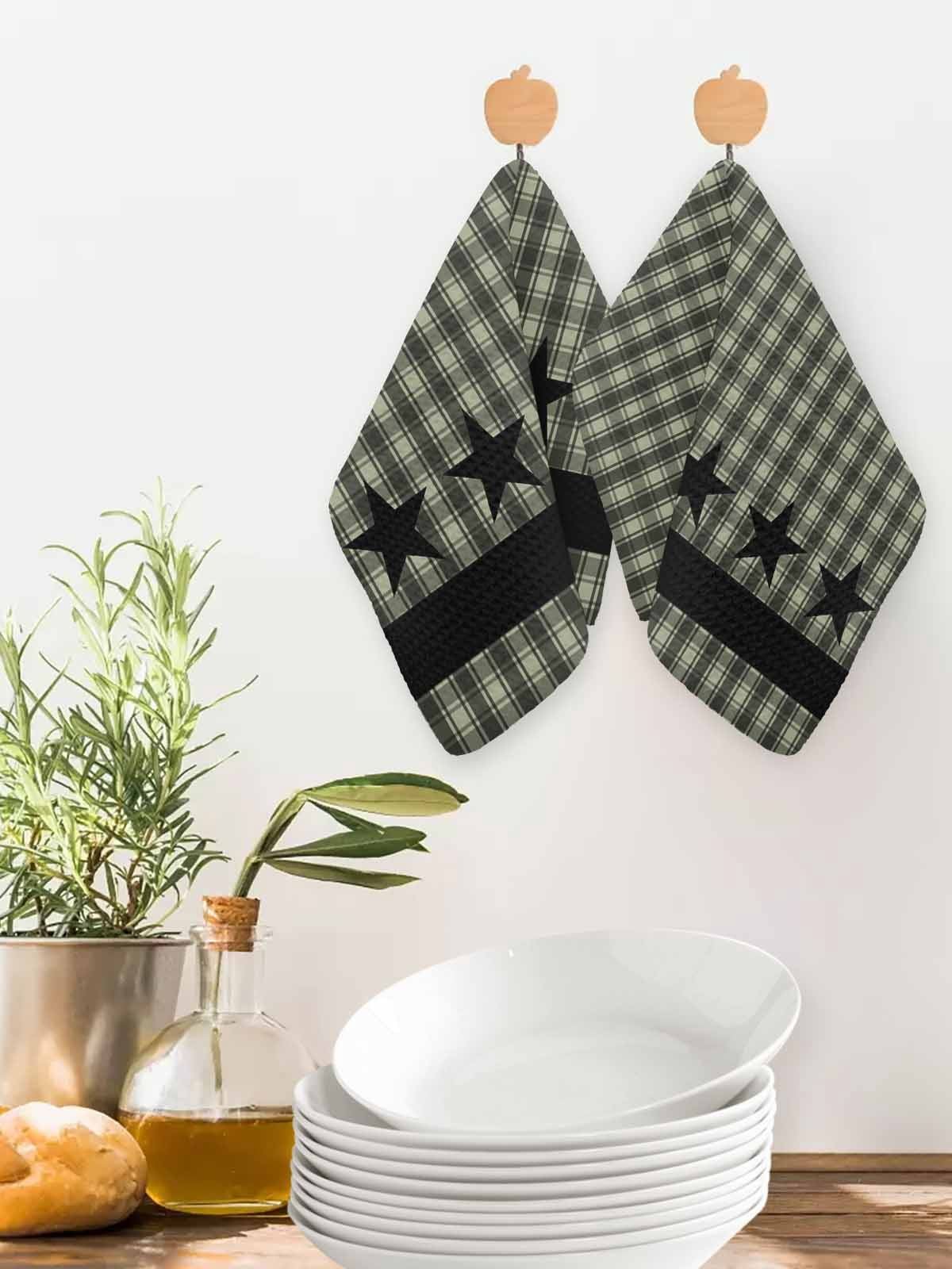 Sage Green Black Plaid Dish Towels Set,Waffle Weave Kitchen Towels 3 Pieces,Microfiber Hair Face Bath Tea Towel Absorbent Quick Drying Cleaning Dish Cloths,Vintage Star Buffalo Check Rustic 12"x12"