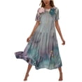 thumbnail image 2 of Viikei Women's Floral Print Tiered Short Sleeve Dress,Women's Flower Printing Casual Short Sleeve Crewneck Dress Casual Flowy Tiered Maxi Beach Dress Army Green S, 2 of 6