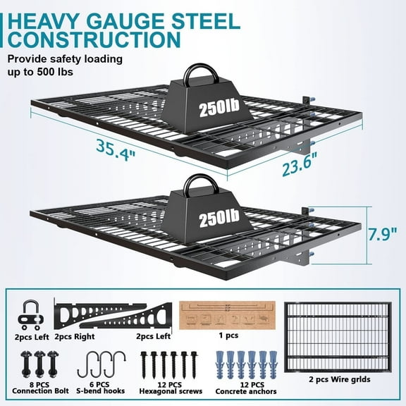 HAINAWANG 2x3ft Heavy Duty Adjustable Black Metal Floating Shelves 2-Tier Storage Racks (2 Count)