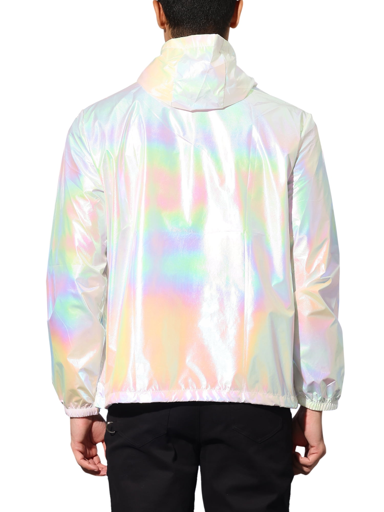 INSPIRE CHIC Edition Men's Jacket Metallic Zip up Hooded Lightweight Holographic Shiny Jackets L White