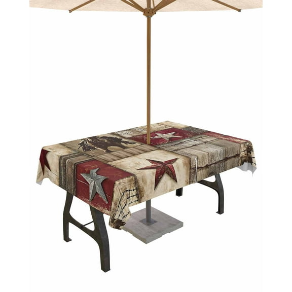 nqOlkjepod Texas Star Vintage Outdoor Tablecloth with Umbrella Hole & Zipper, Western Cowboy Country Wooden Rectangle Table Cover 60x84 Inch, Dining Waterproof Table Cloth Protector for Patio/Party