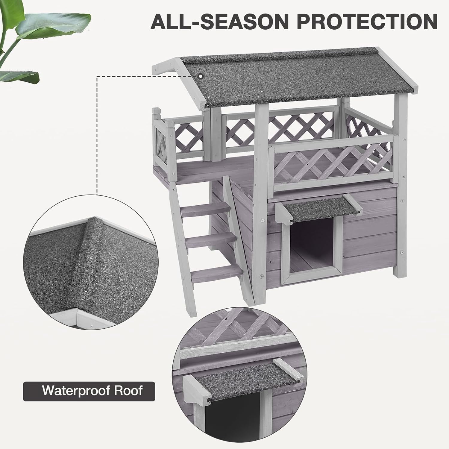 BUTINGLALE Cat House Outdoor Indoor Feral Cat Shelter Wooden Kitty House with Stairs, Balcony＆Weatherproof Roof