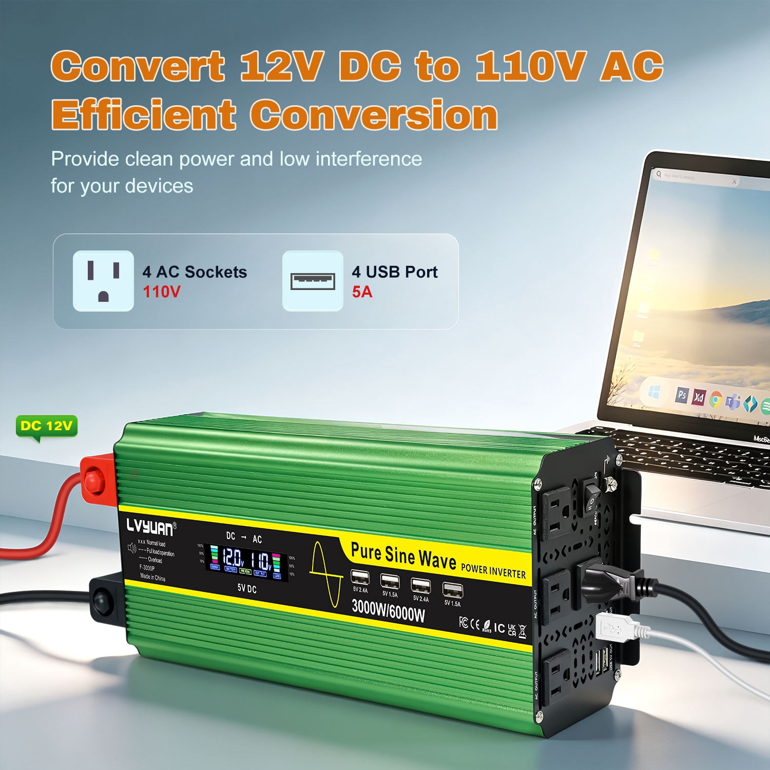 LVYUAN 3000W Pure Sine Wave Power Inverter 6000W Peak DC 12V to AC 110V Car Converter with LCD Display, Remote Control, 4 AC & 4 USB Ports, for Car, RV, Truck, Camping, Off-Grid, Home Backup Green