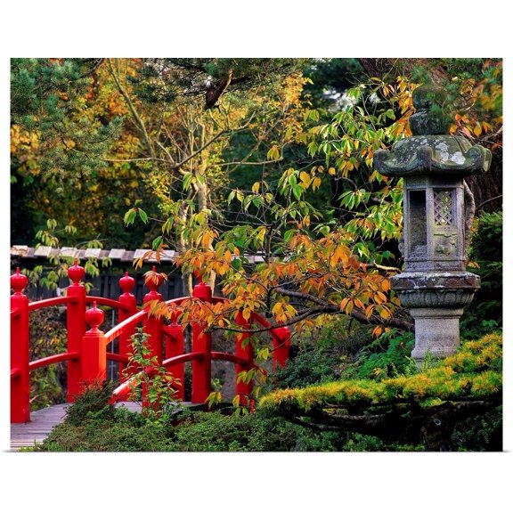 Great BIG Canvas | Rolled The Irish Image Collection Poster Print entitled Red Bridge and Japanese Lanterns, Japanese Gardens, Co Kildare, Ireland