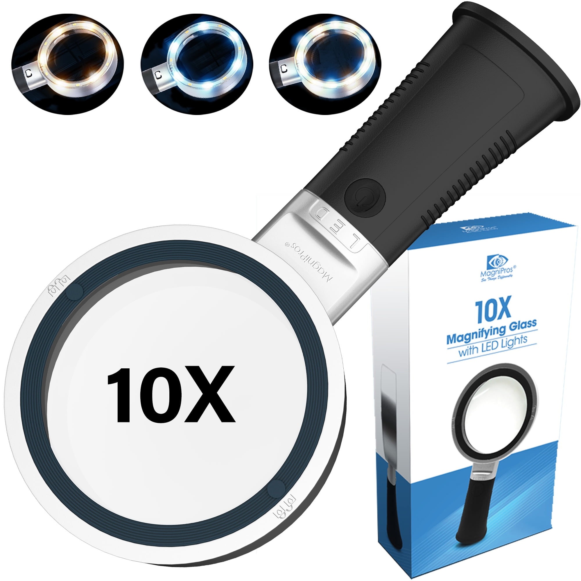 MagniPros 10X Magnifying Glass with 3 Light Modes Anti-Glare LED Lighted Reading Magnifier with Self-Standing Handle for Hobbyists, AMD, Reading Fine Print, Seniors, Inspection, Coin, Jewelry