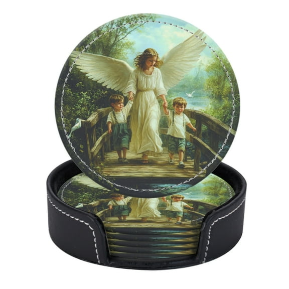 PU Leather Coasters for Drinks Bar Beer,Set of 6 with Holder,Round Housewarming Gift,Realistic Photo Of Angel Leading Two Children Across A Bridge