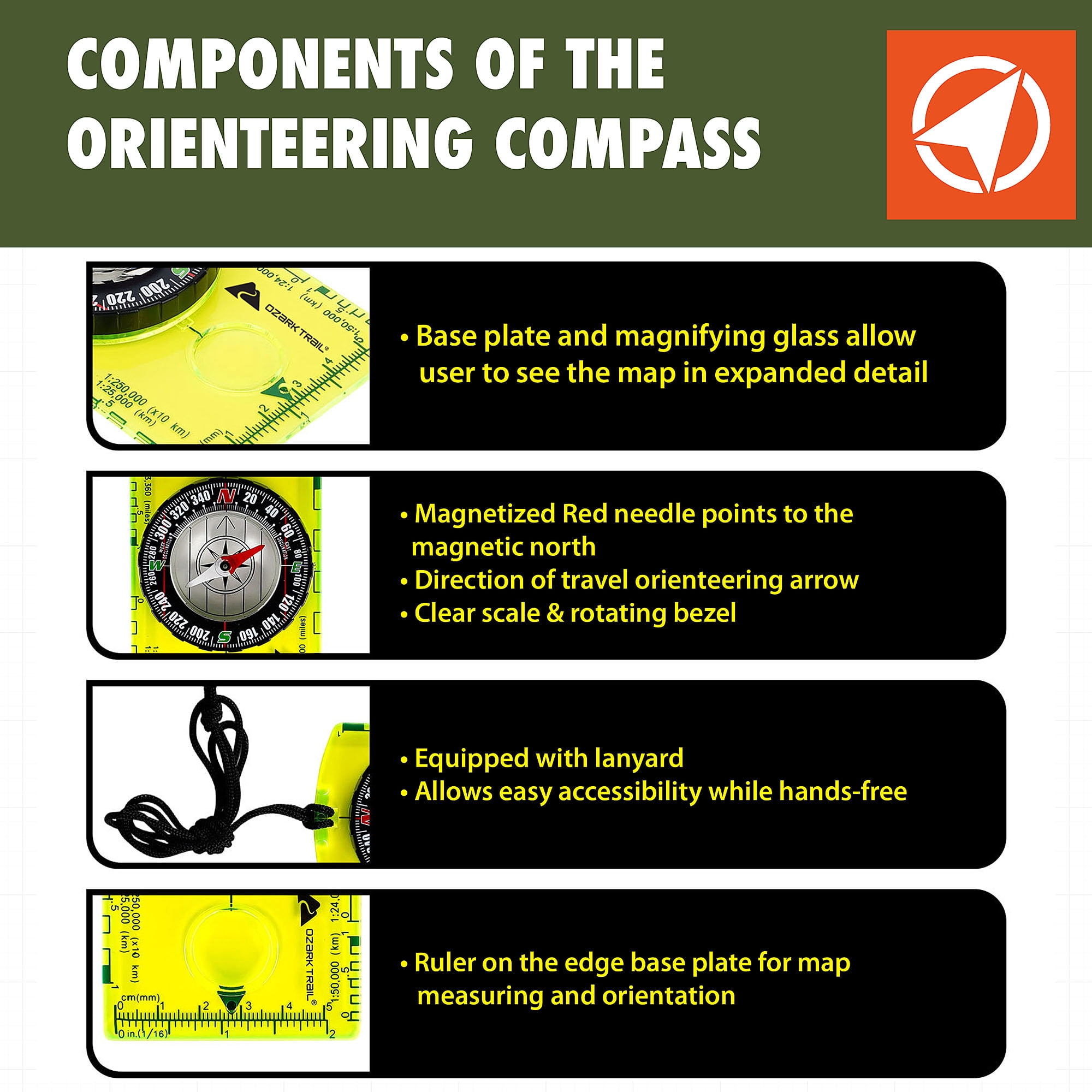 Ozark Trail Orienteering Compass, Lightweight and Reliable Green with Multiple Scale Ruler