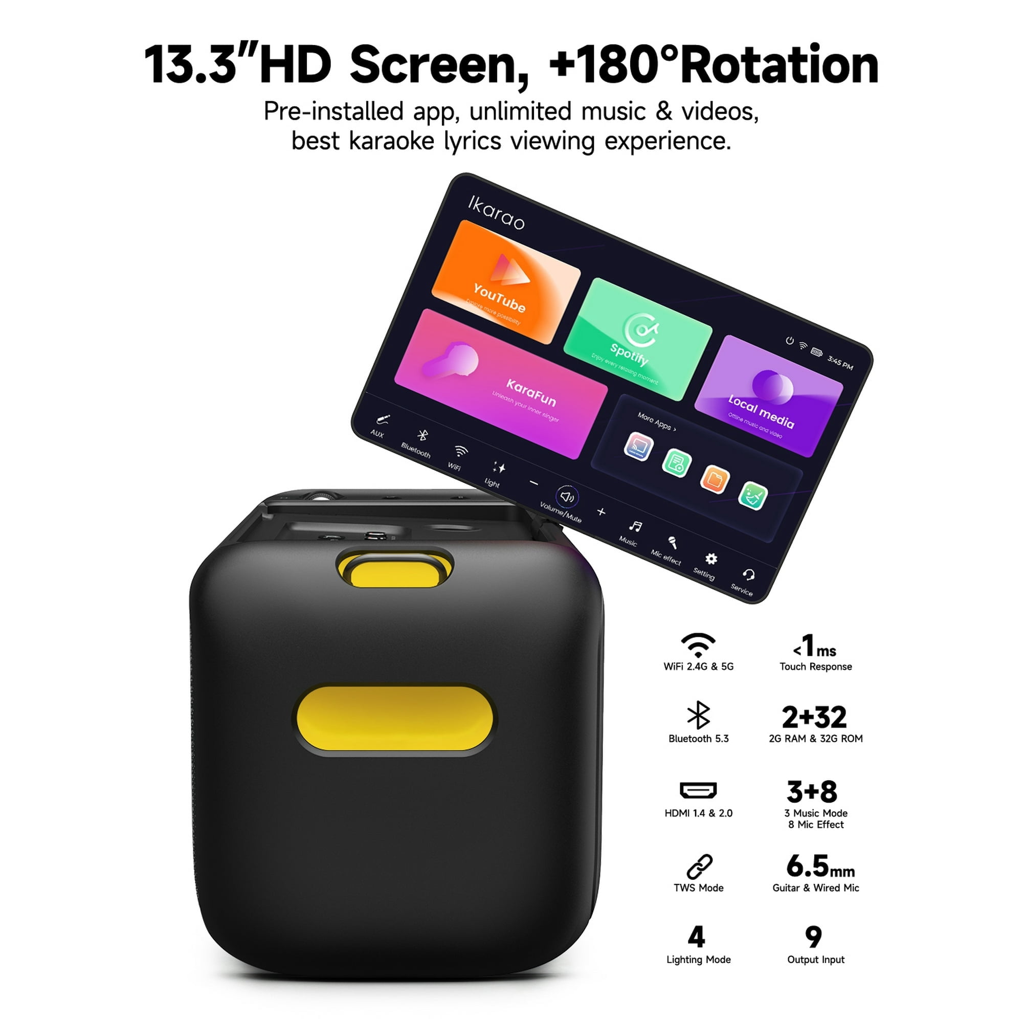 Ikarao Karaoke Machine for Adults, Built-in 13.3-inch Screen, Portable Bluetooth Speaker with 2 Wireless Mics for TV, Music Party