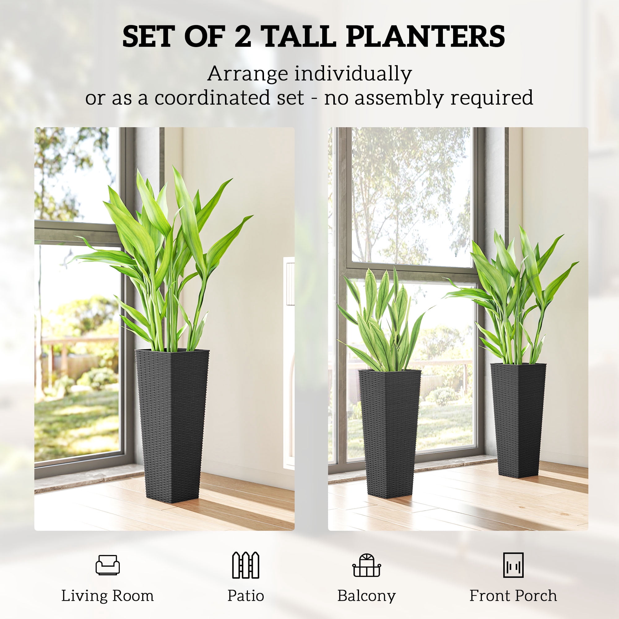 Outsunny 23.6 Inch Tall Planters for Outdoor Plants, Set of 2 Plastic Flower Pots with Drainage Holes, Black