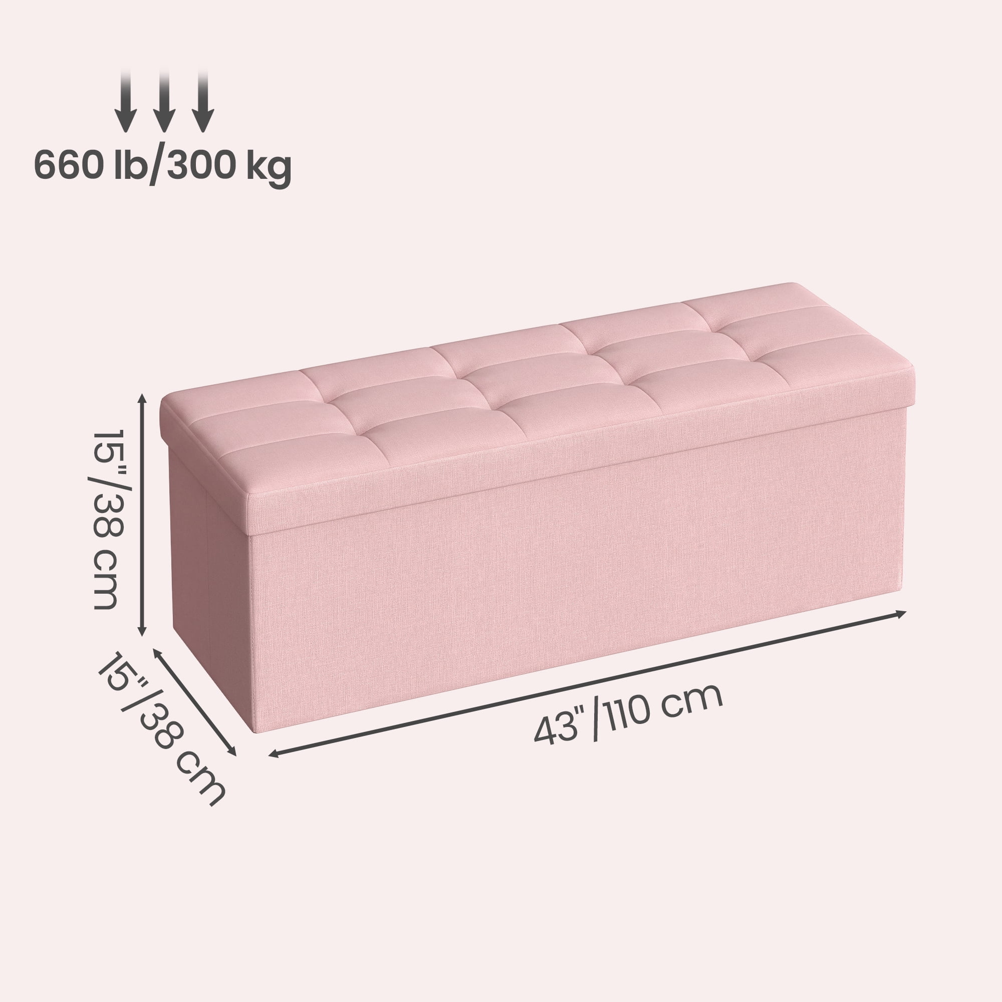 Ledrem Large Foldable Storage Ottoman Bench with 660lb Capacity, Jelly Pink