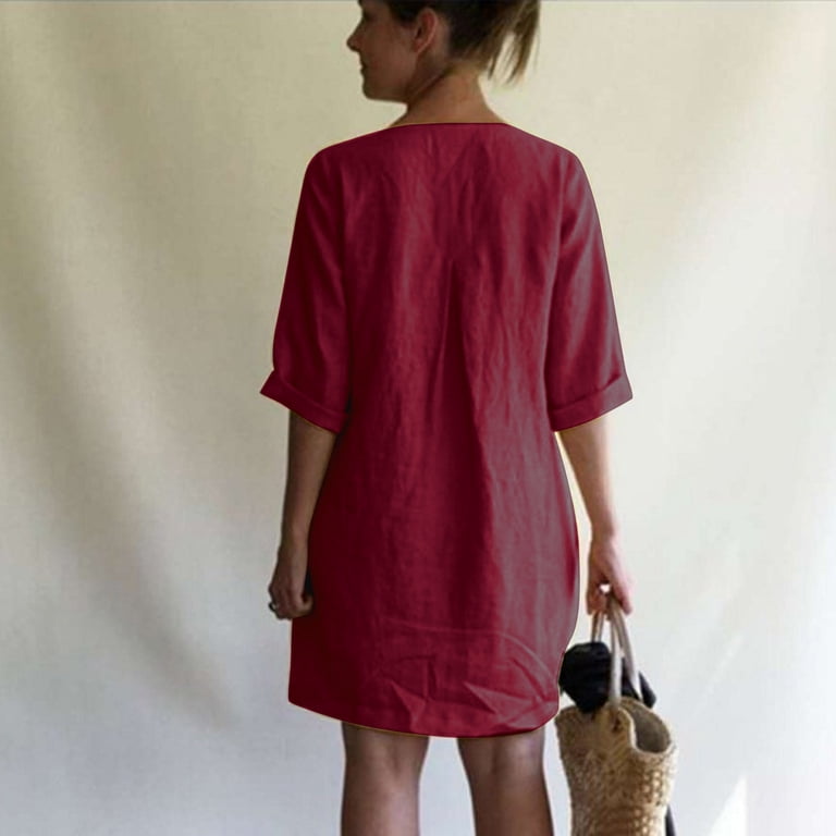 BLVB Women's Summer Cotton Linen Short Dress 3/4 Sleeve Casual Comfy T Shirt  Dress Loose Solid Color Dress Tops - Walmart.com