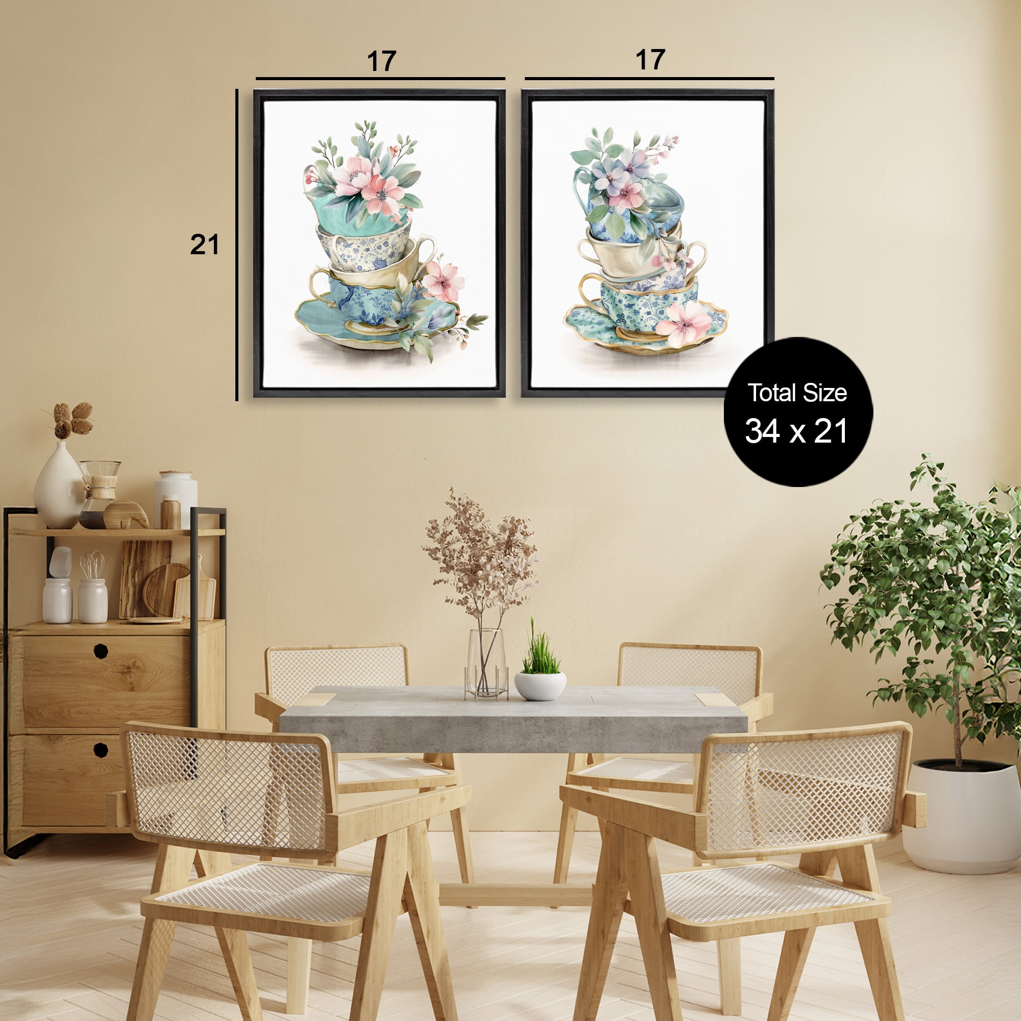 Stupell Industries Stacked Teacup Chinoiserie 2 Piece Black Framed Floater Canvas Set, design by Kim Allen