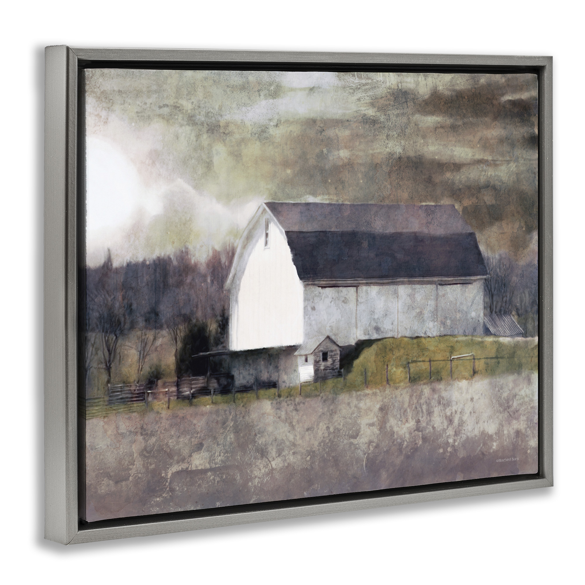 Stupell Industries Stormy Sky Country Farm Barn Landscape Painting Gray Floater Framed Canvas Art Print Wall Art, 21 x 17