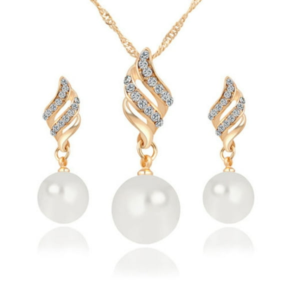 UDIYO Women Wedding Rhinestone Faux Pearl Spiral Pendant Necklace Earrings Jewelry Set