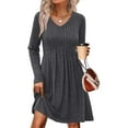 thumbnail image 2 of Women's Dress Long Sleeve V-Neck High Waist Elastic Ribbed Striped with Pocket Midi Dress for Spring Fall Casual,Gray,M, 2 of 7