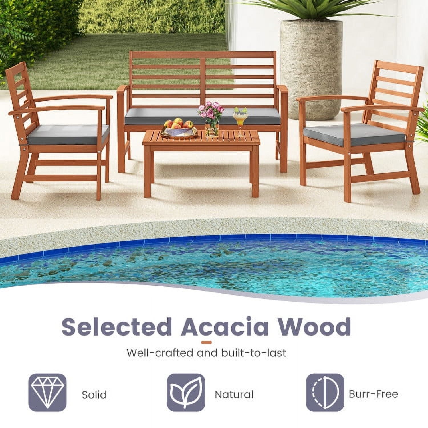 Aimee Lii 4 Pieces Outdoor Furniture Set with Stable Acacia Wood Frame, Patio Furniture Sets, Gray Aimee Lii 4 Pieces Outdoor Furniture Set with Stable Acacia Wood Frame, Patio Furniture Sets, Gray