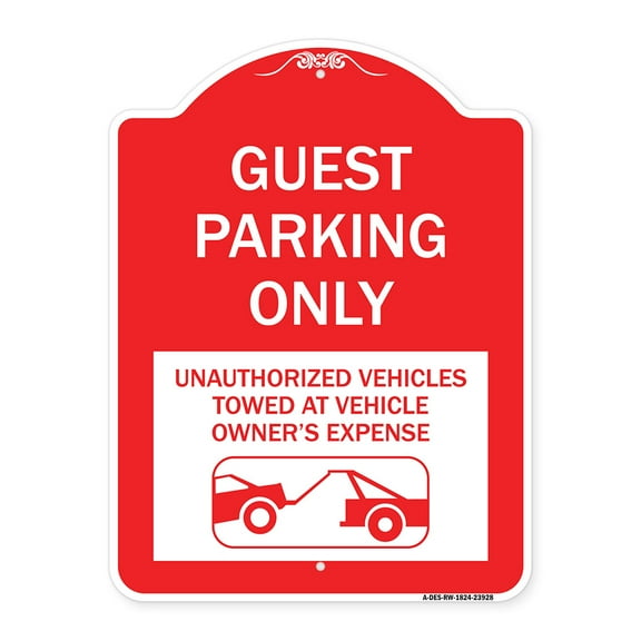 SignMission A-DES-RW-1824-23928 18 x 24 in. Designer Series Sign - Guest Parking Only Unauthorized Vehicles Towed At Owner Expense with Graphic, Red & White