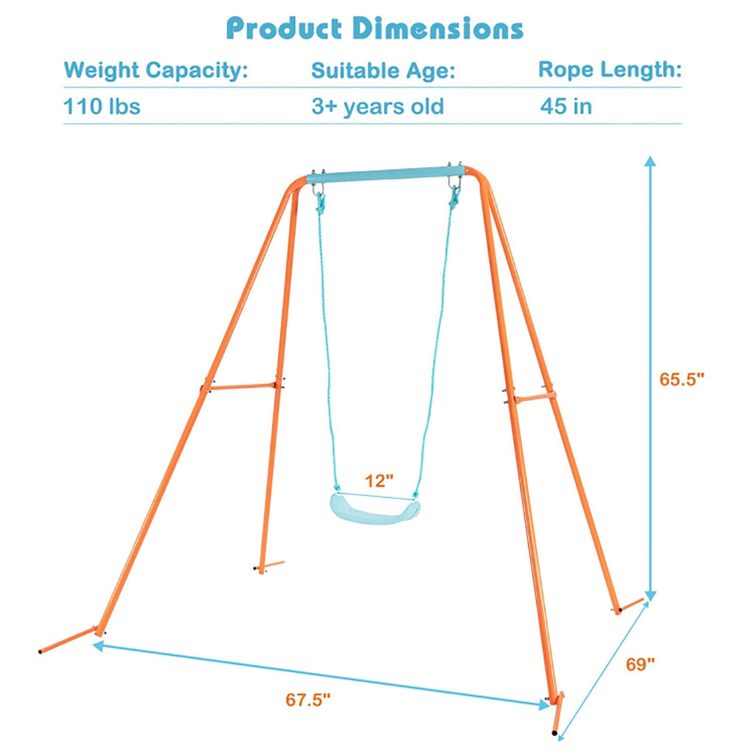 CIPACHO Outdoor Kids Swing Set with Heavy-Duty Metal A-Frame and Ground Stakes, Orange