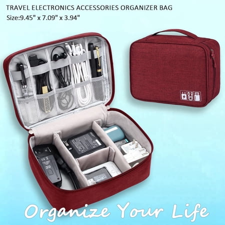 Travel Electronics Organizer Case Water Resistant Travel Bag Cable Organizer for Essentials Tech Pouch Accessories Carry Storage for Cables Phone Airpods USB Flash Drive Wine Red