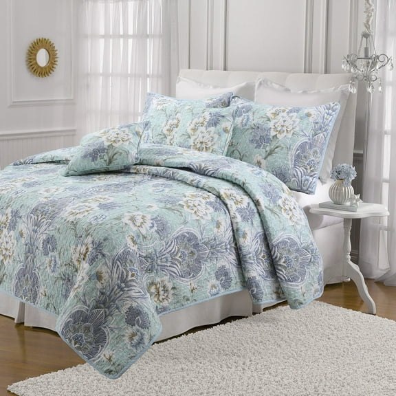 Peony Totem 100% Hypoallergenic cotton 3 piece Floral Quilt Set Bedroom Quilt Bedding King Size Aqua