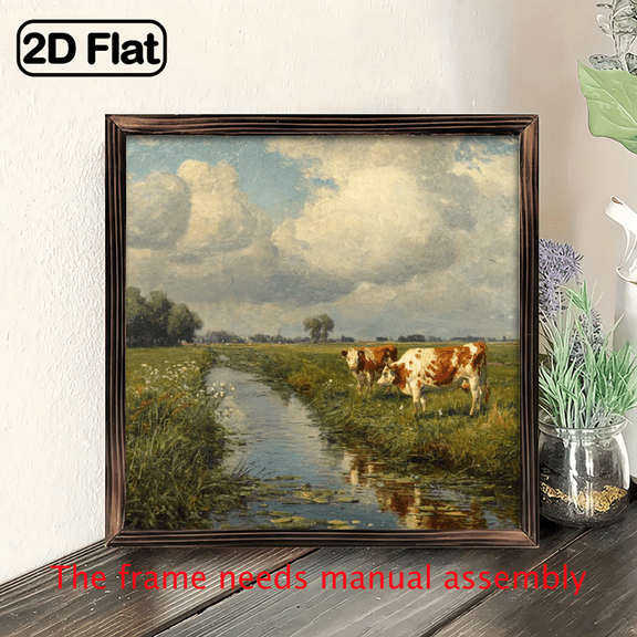2D Flat 1pc Rustic Farmhouse Countryside Cow by the River Landscape Art Wooden Sign, 8x8 Inch Frame Wall Decorative Sign for Bathroom, Garden, Cafe, Bar, Office - Ideal Holiday Gift, Cow Decor