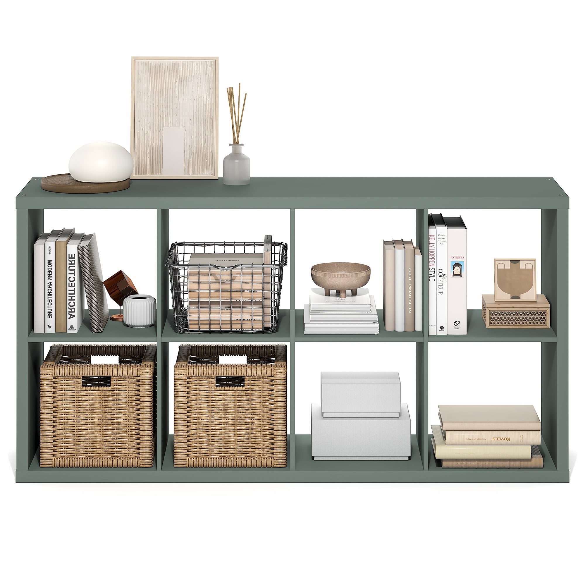 Furinno CUBICLE Book Shelf, 8-Cube Thick Frame Bookshelf, Horizontally & Vertically Reversible Bookcase with Open Back, 14.6" x 30" x 57.9", for Living Room, Bedroom, Home Office, Sage Green
