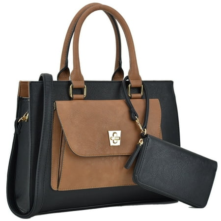 Twist Lock Satchel Handbag - Dasein Front Twist Lock Pocket Satchel Handbag and Matching Wallet