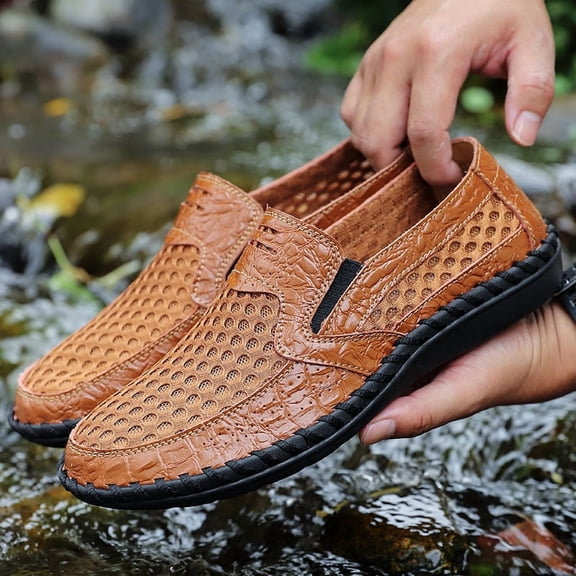 Men's Breathable Perforated Leather Loafers, Slip-On Casual Summer Driving Shoes